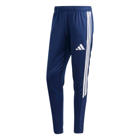 A pair of navy blue Adidas track pants with three white side stripes and a white logo on the left thigh.