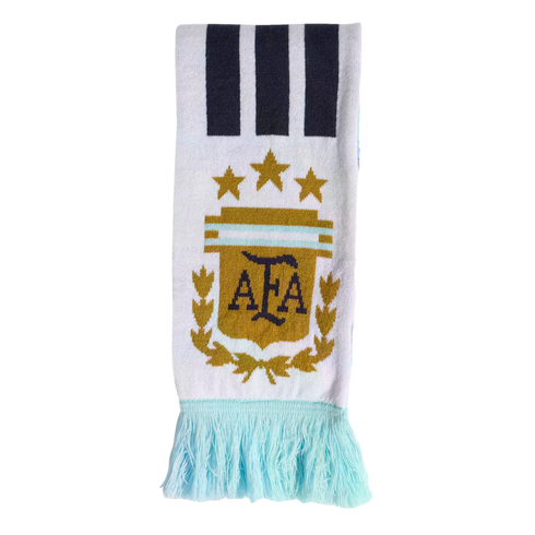 Argentina national football team scarf featuring the AFA crest, three stars, and black stripes on a white background with light blue fringe.