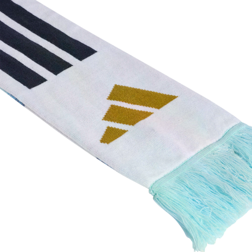 White scarf with three black diagonal stripes, a gold three-bar logo, and light blue fringe at the end.
