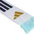 White scarf with three black diagonal stripes, a gold three-bar logo, and light blue fringe at the end.