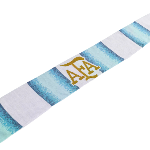 A light blue and white striped scarf featuring a gold AFA logo, set diagonally against a black background.
