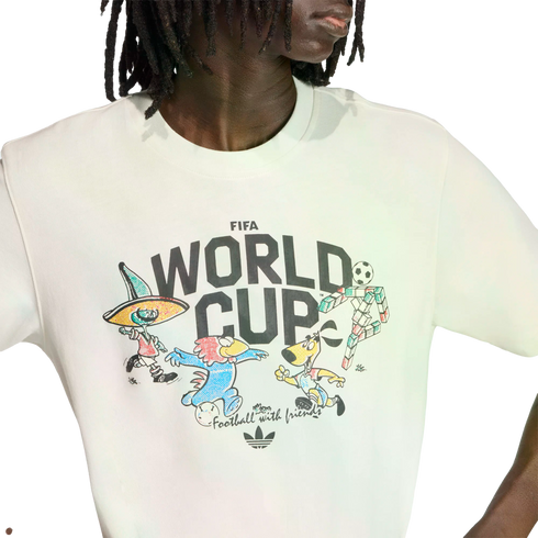 Person wearing a white Adidas FIFA World Cup t-shirt with classic mascots and the phrase "Football with friends" against a black background.