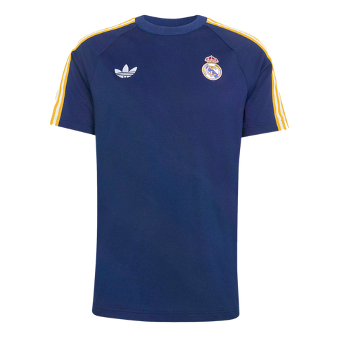 Dark blue short-sleeve t-shirt with a Real Madrid crest, white Adidas trefoil logo, and yellow and white stripes along the shoulders.
