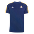 Dark blue short-sleeve t-shirt with a Real Madrid crest, white Adidas trefoil logo, and yellow and white stripes along the shoulders.