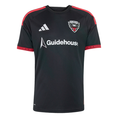 A black D.C. United soccer jersey featuring white Adidas and Guidehouse logos, with red stripes on the shoulders and red patterns on the sleeve cuffs.