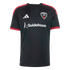 A black D.C. United soccer jersey featuring white Adidas and Guidehouse logos, with red stripes on the shoulders and red patterns on the sleeve cuffs.