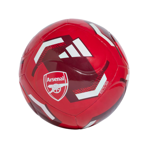 A red Adidas Arsenal FC replica soccer ball with white and maroon geometric designs and the team crest, isolated on a white background.