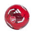 A red Adidas Arsenal FC replica soccer ball with white and maroon geometric designs and the team crest, isolated on a white background.