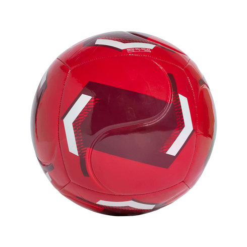 A red soccer ball with maroon and white geometric patterns and the text "MATCH BALL REPLICA CLUB" against a white background.