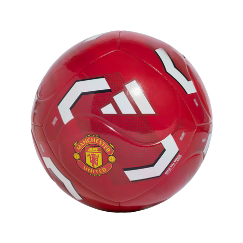 A red Manchester United soccer ball featuring the club's crest, white Adidas logo, and geometric patterns.