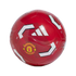 A red Manchester United soccer ball featuring the club's crest, white Adidas logo, and geometric patterns.