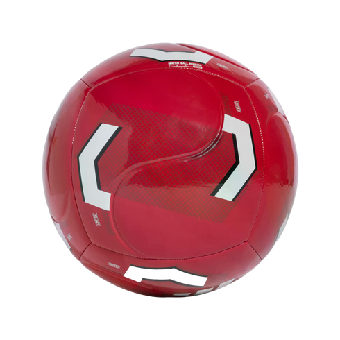 A shiny red soccer ball with white angular markings and a textured finish, isolated on a white background.