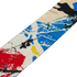 A diagonal strip of knit fabric featuring an abstract paint-splatter pattern in red, blue, yellow, and black on an off-white base.