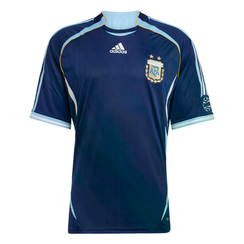Dark blue Adidas Argentina away soccer jersey featuring light blue and gold trim and the national team crest on the chest.