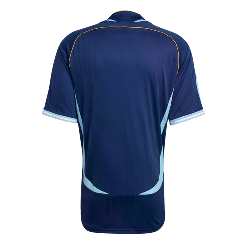 Back view of a navy blue short-sleeved jersey featuring light blue curved side panels, yellow shoulder piping, and white-striped cuffs.