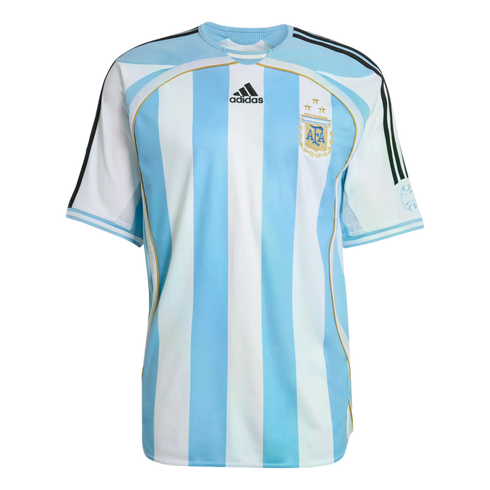 An Argentina home football jersey featuring light blue and white vertical stripes, the Adidas logo, and the AFA crest with two gold stars.