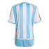 Back view of a light blue and white vertically striped soccer jersey with gold shoulder piping and three black sleeve stripes, isolated on a black background.