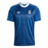 Blue Adidas Greece national soccer jersey with a white collar, trefoil logo, and crest. Features subtle vertical tonal stripes and white shoulder stripes.