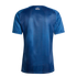 Back view of a blue athletic jersey featuring tonal vertical stripes and white Greek text at the upper neck, set against a solid black background.