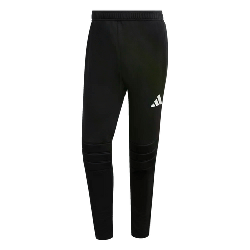 A pair of tapered black Adidas joggers with a white logo on the thigh and ribbed knee detailing, set against a solid black background.