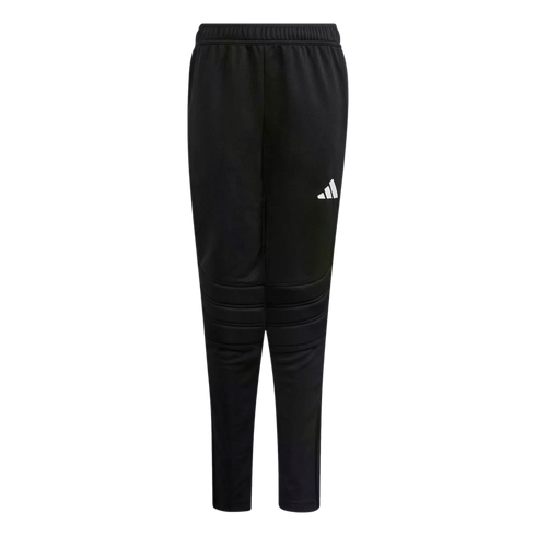 Black Adidas athletic pants with a white logo on the thigh and ribbed knee padding, shown against a solid black background.