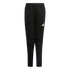 Black Adidas athletic pants with a white logo on the thigh and ribbed knee padding, shown against a solid black background.