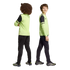 Two boys in lime green and black soccer uniforms standing back-to-back against a black background.
