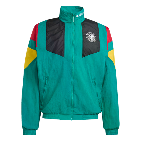 A teal Adidas zip-up windbreaker featuring black panels on the chest, red and yellow accents on the shoulders, and the German national football team crest.
