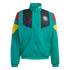 A teal Adidas zip-up windbreaker featuring black panels on the chest, red and yellow accents on the shoulders, and the German national football team crest.