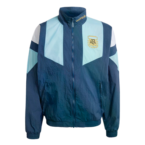 Adidas Argentina national team windbreaker in navy, light blue, and white, featuring the AFA crest and a full-zip front.