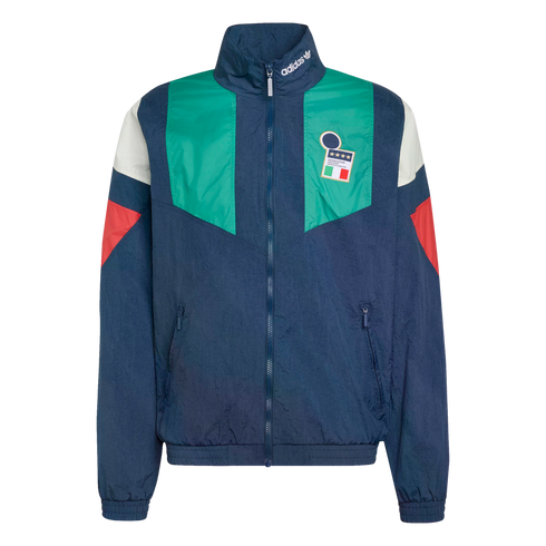 A navy blue Adidas track jacket featuring green chest panels, white and red sleeve accents, and an Italy national football team badge.