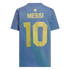 Back of a blue t-shirt featuring the name "MESSI" and number "10" in large gold print below a small gold sun icon.