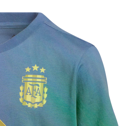 Close-up of a blue and green gradient t-shirt featuring the golden AFA logo with three stars on the chest.