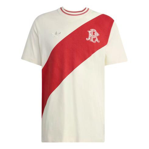 Off-white Adidas t-shirt with a bold red diagonal sash across the front. It features a white trefoil logo, a white interlocking monogram on the sash, and a striped collar.