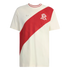 Off-white Adidas t-shirt with a bold red diagonal sash across the front. It features a white trefoil logo, a white interlocking monogram on the sash, and a striped collar.