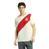 A young man with curly hair models a white Adidas t-shirt featuring a diagonal red sash and a stylized 'R' logo, paired with dark track pants.