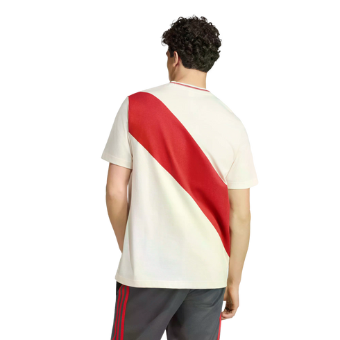 Rear view of a man wearing a cream t-shirt with a bold red diagonal stripe and dark shorts with red stripes, standing against a plain white background.