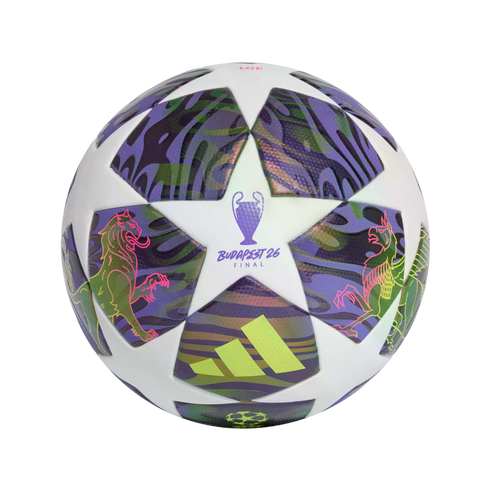 White soccer ball with purple and green star patterns featuring the UEFA Champions League Budapest 26 Final logo and mythical creatures.