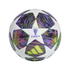 White soccer ball with purple and green star patterns featuring the UEFA Champions League Budapest 26 Final logo and mythical creatures.