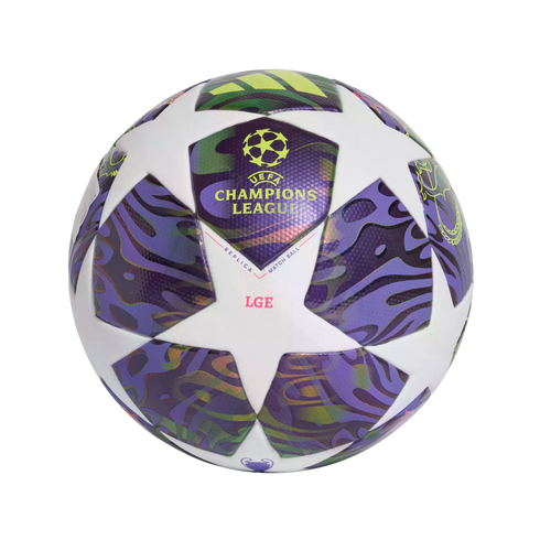 A soccer ball featuring the UEFA Champions League logo, with white star panels and iridescent purple, blue, and green patterned sections.