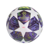 A soccer ball featuring the UEFA Champions League logo, with white star panels and iridescent purple, blue, and green patterned sections.