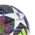 Close-up of a UEFA Champions League soccer ball featuring "BUDAPEST 26 FINAL" on a white star panel, with purple, green, and pink graphic patterns.