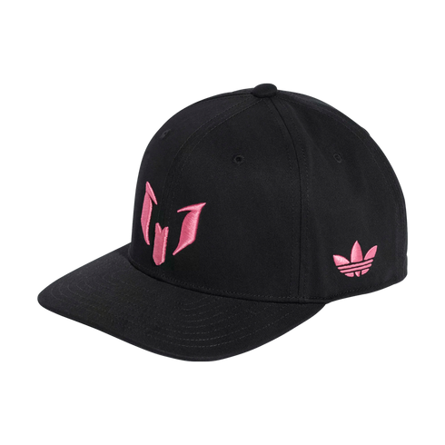 A black baseball cap with a pink Messi logo on the front and a pink Adidas Trefoil logo on the side, against a black background.