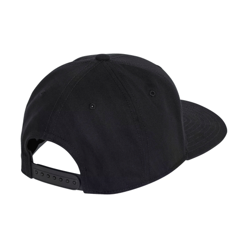 Rear view of a solid black snapback baseball cap with a flat brim and adjustable plastic strap.