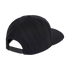 Rear view of a solid black snapback baseball cap with a flat brim and adjustable plastic strap.
