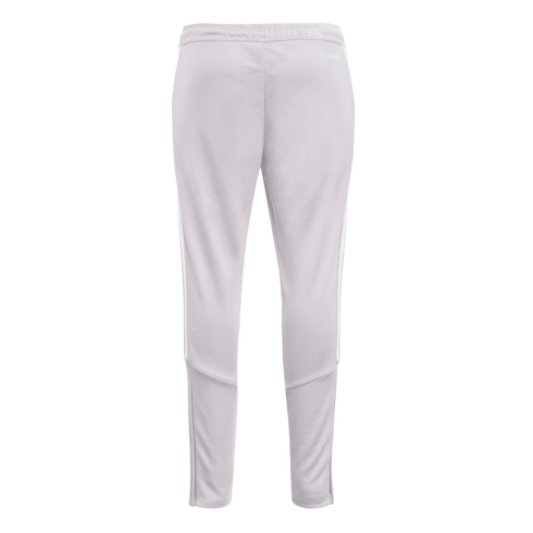 The back of a pair of light lavender track pants with white side stripes, an elastic waistband, and mesh panels with zippers at the bottom of the legs.