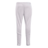 The back of a pair of light lavender track pants with white side stripes, an elastic waistband, and mesh panels with zippers at the bottom of the legs.