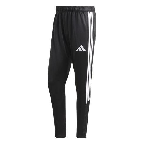 Black Adidas athletic pants featuring three white stripes down the side and a white logo on the left thigh.