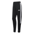 A pair of black Adidas sweatpants featuring three white stripes along the side and a white Adidas logo on the thigh.