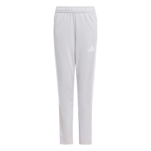 Light gray Adidas track pants featuring three subtle white stripes down the sides, an elastic waistband, and a small brand logo on the left thigh.
